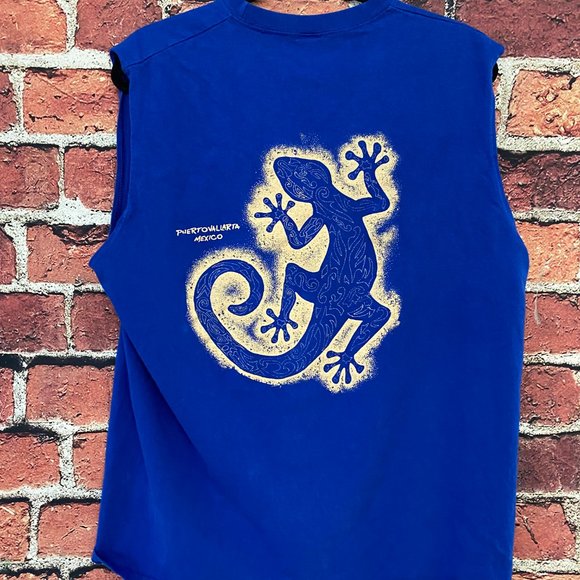 Puerto Vallarta Mexico Tank Top Men Size XL Sleeveless Shirt Gecko Print STAINS - Picture 2 of 7